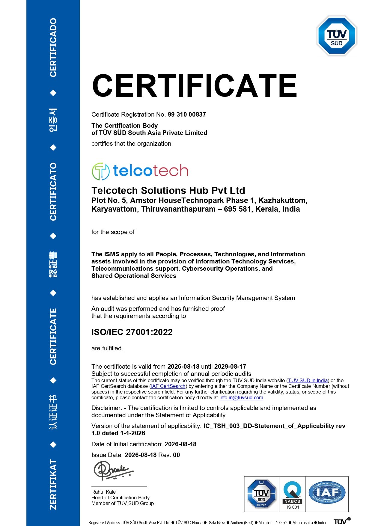 TUV SUD ISO/IEC 27001:2022 Information Security Management System certificate for Telcotech Solutions Hub Pvt Ltd, valid 2026-08-18 to 2029-08-17